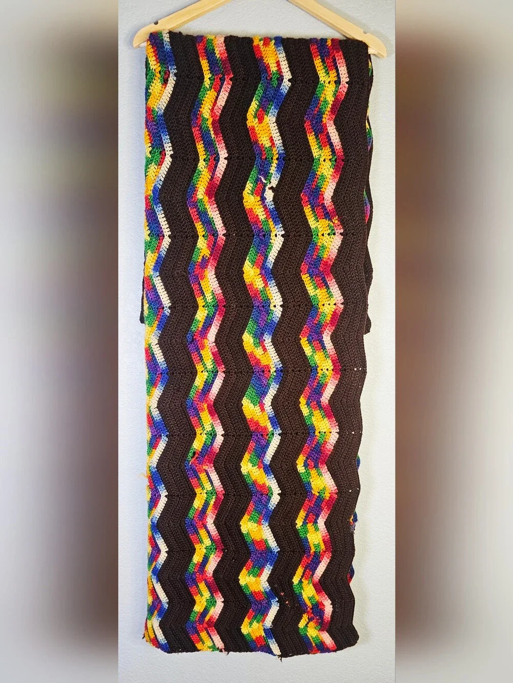 Handmade Crochet Rainbow Ripple Lap Blanket 32x66 Brown Afghan Throw